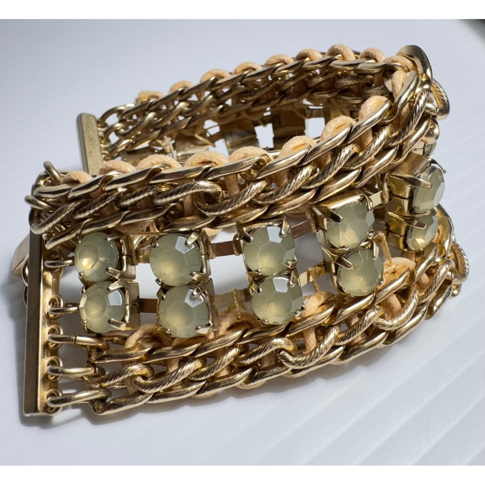 Chico's Wide Gold Tone Chain & Rhinestone Statement Cuff Bracelet Toggle Clasp